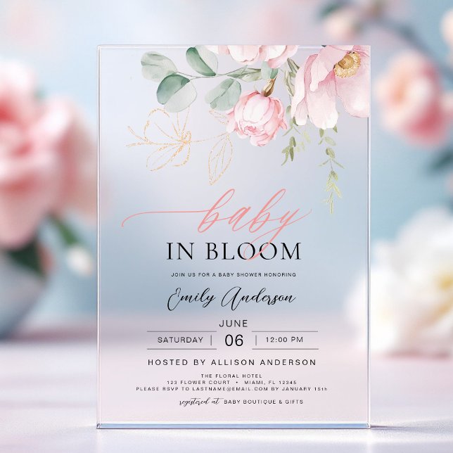 Baby in Bloom Blush Pink Shower Floral Girl Acrylic Invitations (Creator Uploaded)