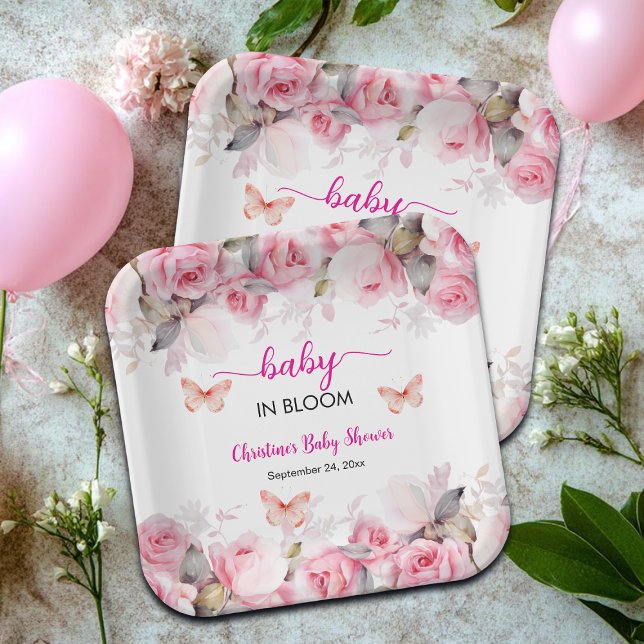 Baby in Bloom Blush Roses Baby Shower Paper Plate (Creator Uploaded)