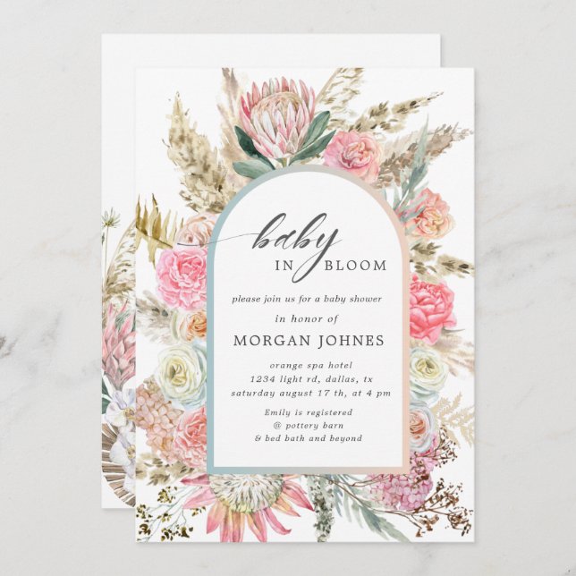 baby in bloom bohemian floral baby shower invite (Front/Back)