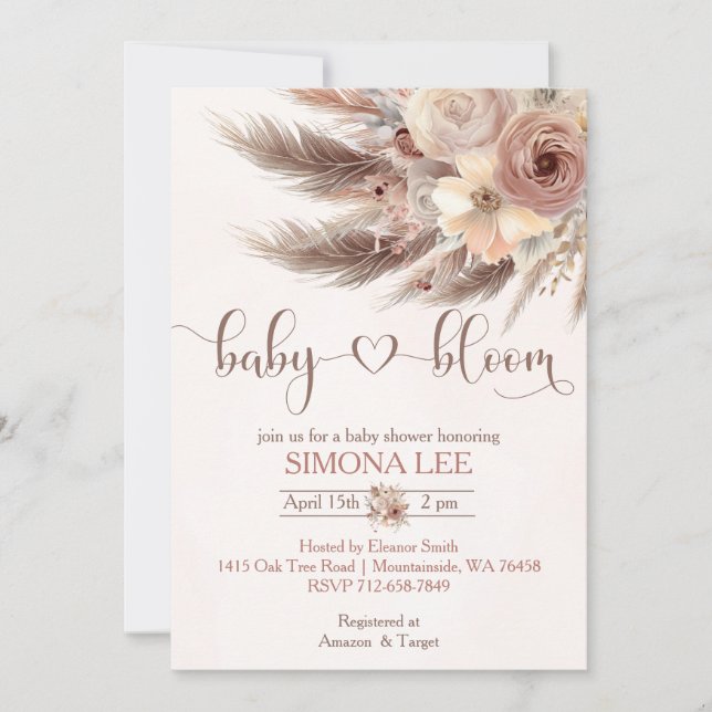 Baby in Bloom boho pampas grass girl baby shower  Invitation (Front)