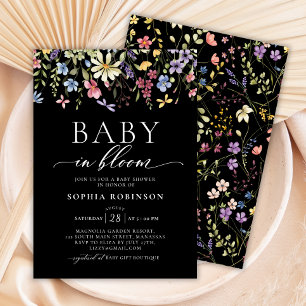 Baby in Bloom Boho Wildflower Black Baby Shower Invitation