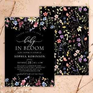 Baby in Bloom Boho Wildflower Black Baby Shower  Invitation