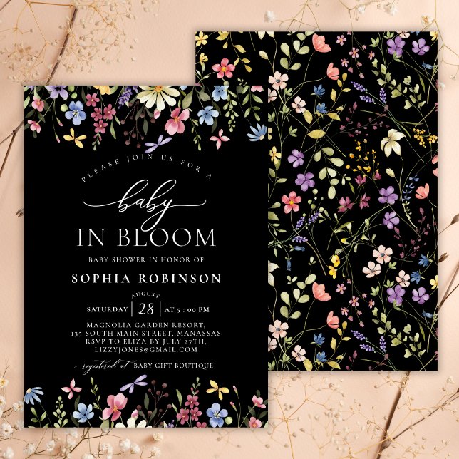 Baby in Bloom Boho Wildflower Black Baby Shower  Invitation (Creator Uploaded)