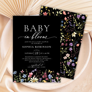 Baby in Bloom Boho Wildflower Black Baby Shower Invitation