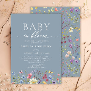 Baby in Bloom Boho Wildflower Blue Baby Shower Invitation