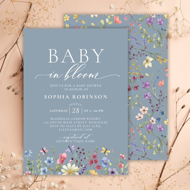 Baby in Bloom Boho Wildflower Blue Baby Shower  Invitation (Creator Uploaded)