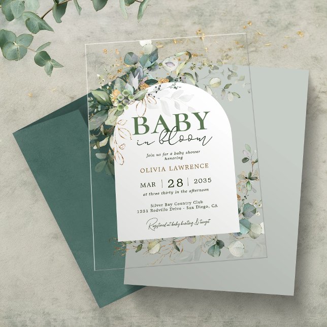 Baby in Bloom Botanical Eucalyptus Acrylic Invitations (Creator Uploaded)