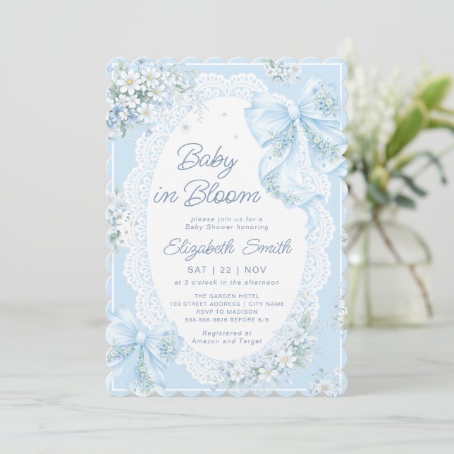 Baby in Bloom Bow Blue Floral Boy Baby Shower Invitation (Standing Front)