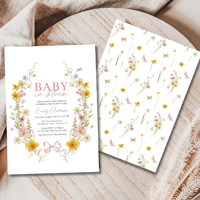 Baby in Bloom Bow Pink Floral Wildflower Shower Invitation (Creator Uploaded)