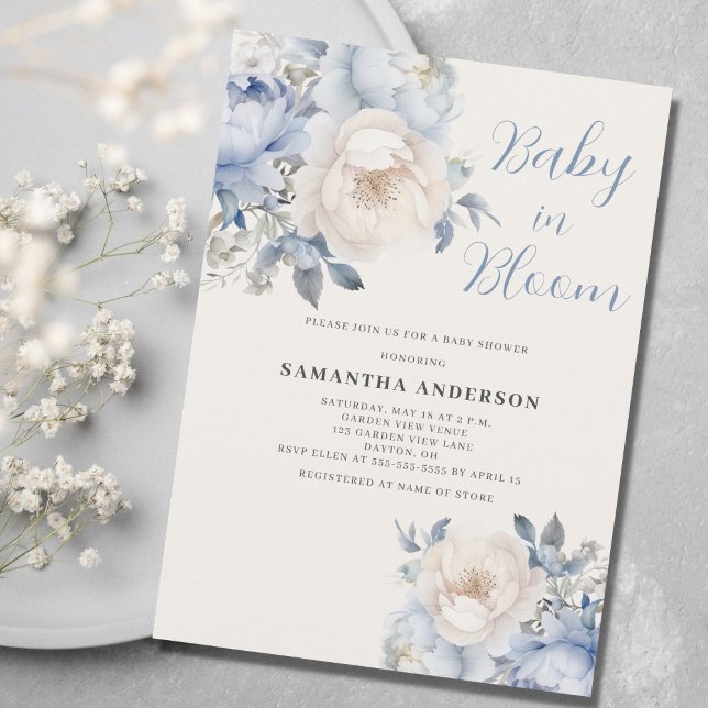 Baby In Bloom Boy Blue Floral Shower Invitation (Creator Uploaded)