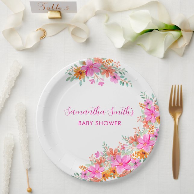 Baby in Bloom bright summer floral shower  Paper Plate (Wedding)