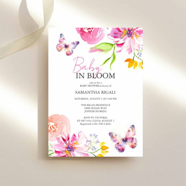 Baby In Bloom Butterfly Floral Watercolor Shower Invitation (Butterfly and floral baby shower invitations feature unique watercolor art by Victoria Grigaliunas)