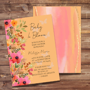 Baby in bloom butterfly, peaches and pink flowers invitation