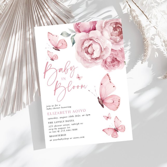 Baby in Bloom Butterfly Pink Floral Baby Shower Invitation (Creator Uploaded)