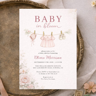 Baby in Bloom Clothesline Pink Bow Baby Shower Invitation