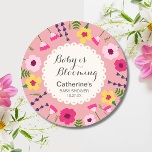Baby In Bloom Colourful Floral Peach Baby Shower Round Paper Coaster