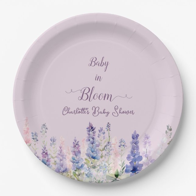 Baby In Bloom Colourful Lupine Flowers Baby Shower Paper Plate (Front)