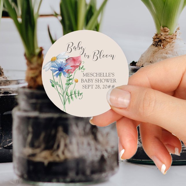 Baby in Bloom Country Wildflower Baby Shower Classic Round Sticker (Baby in Bloom baby shower sticker from my Wildflower Charm collection)