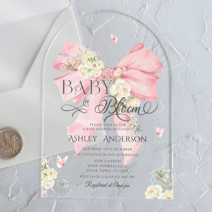 Baby in Bloom Cute Floral Pink Bow Baby Shower Acrylic Invitations