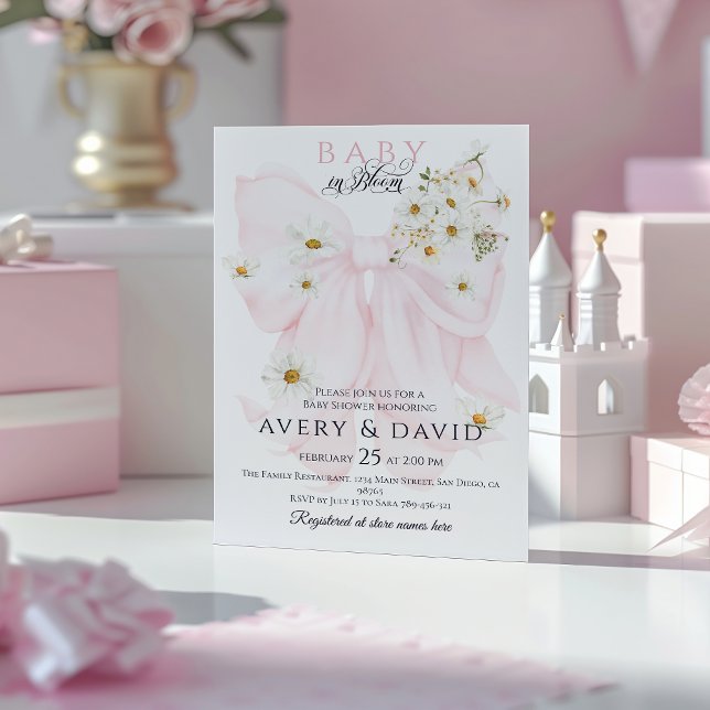 Baby in Bloom Daisy Pink Bow Girl Baby Shower Invitation (Creator Uploaded)