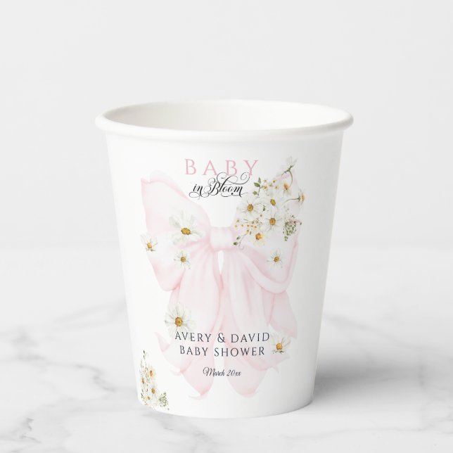 Baby in Bloom Daisy Pink Bow Girl Baby Shower Paper Cups (Front)