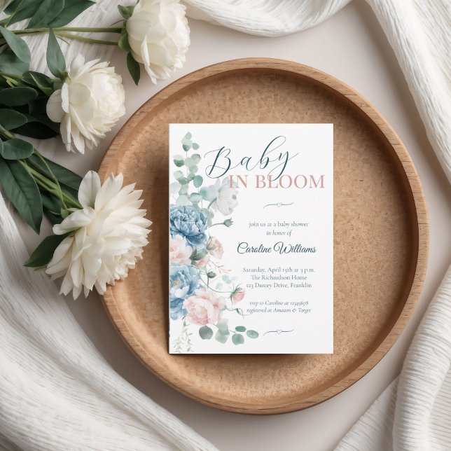 Baby in Bloom Dusty Blue Baby Shower Invitation (Creator Uploaded)