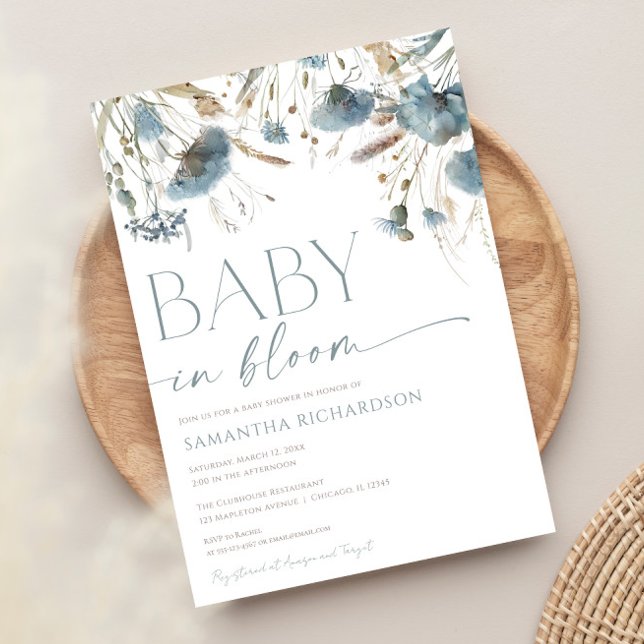 Baby in Bloom Dusty blue beige boy baby shower Invitation (Creator Uploaded)