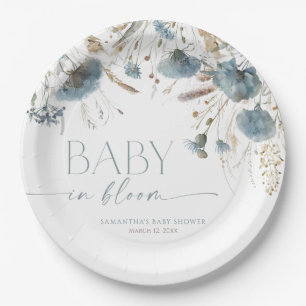 Baby in Bloom Dusty blue beige boy baby shower Paper Plate