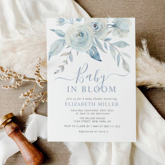 baby in bloom dusty blue floral baby shower invitation (Creator Uploaded)