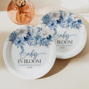 Baby In Bloom Dusty Blue Floral Baby Shower Paper Plate