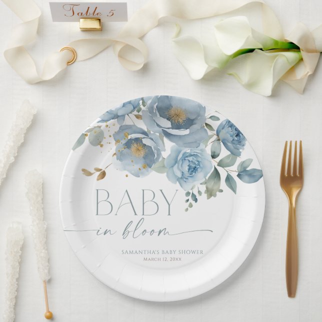Baby in Bloom Dusty blue floral boy baby shower Paper Plate (Wedding)