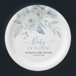 baby in bloom dusty blue flowers baby shower  paper plate<br><div class="desc">baby in bloom baby shower with dusty blue watercolor flowers and script text. The text and other features can be personalised.</div>