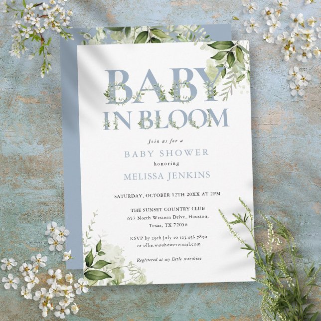 Baby In Bloom Dusty Blue Greenery Baby Shower Invitation (Baby In Bloom Dusty Blue Greenery Baby Shower Invitation)