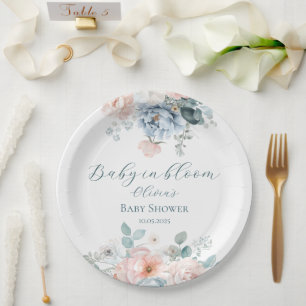 Baby in Bloom Dusty Blue Watercolor Baby Shower Paper Plate