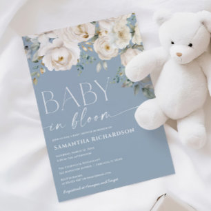 Baby in Bloom dusty blue white floral boy shower Invitation