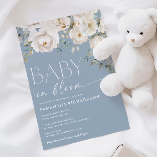 Baby in Bloom dusty blue white floral boy shower Invitation (Creator Uploaded)