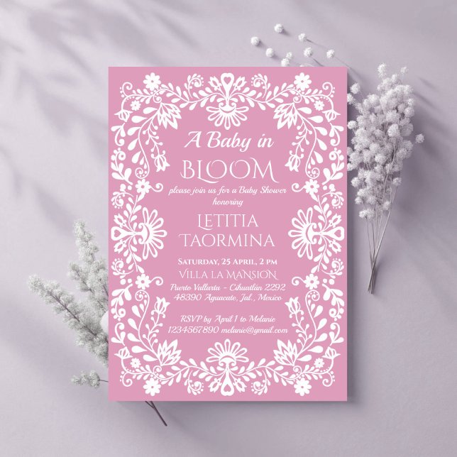 Baby in bloom dusty pink Mexican baby shower Invitation (Baby in bloom dusty pink Mexican baby shower Invitation cards template pink baby girl invites)