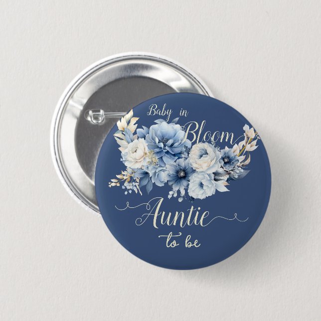 Baby In Bloom Elegant Blue Flowers Auntie-to-be 6 Cm Round Badge (Front & Back)