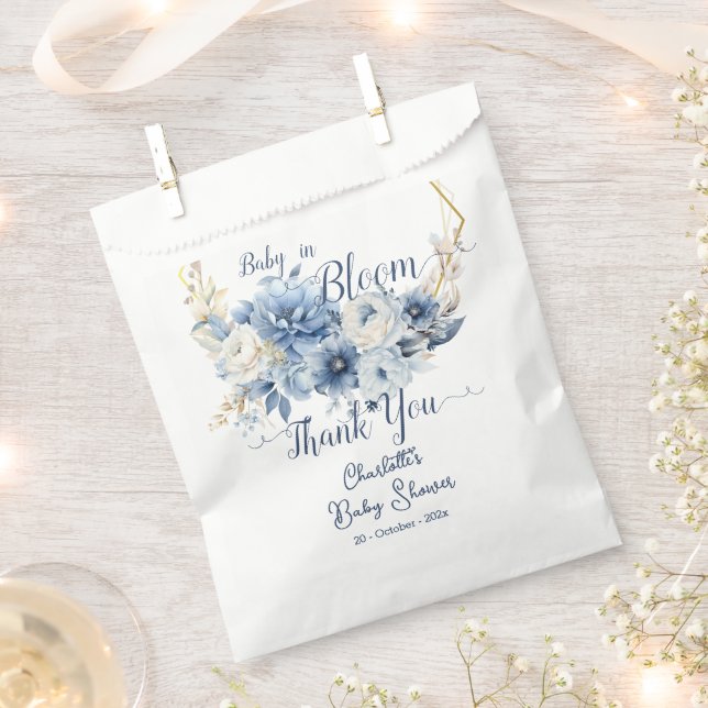 Baby In Bloom Elegant Blue Flowers Baby Shower Favour Bag (Clipped)