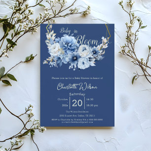 Baby In Bloom Elegant Blue Flowers Baby Shower Invitation