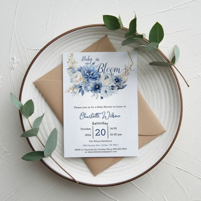 Baby In Bloom Elegant Blue Flowers Baby Shower Invitation (Creator Uploaded)