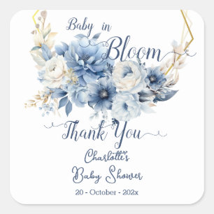 Baby In Bloom Elegant Blue Flowers Baby Shower Square Sticker