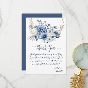 Baby In Bloom Elegant Blue Flowers Baby Shower Thank You Card