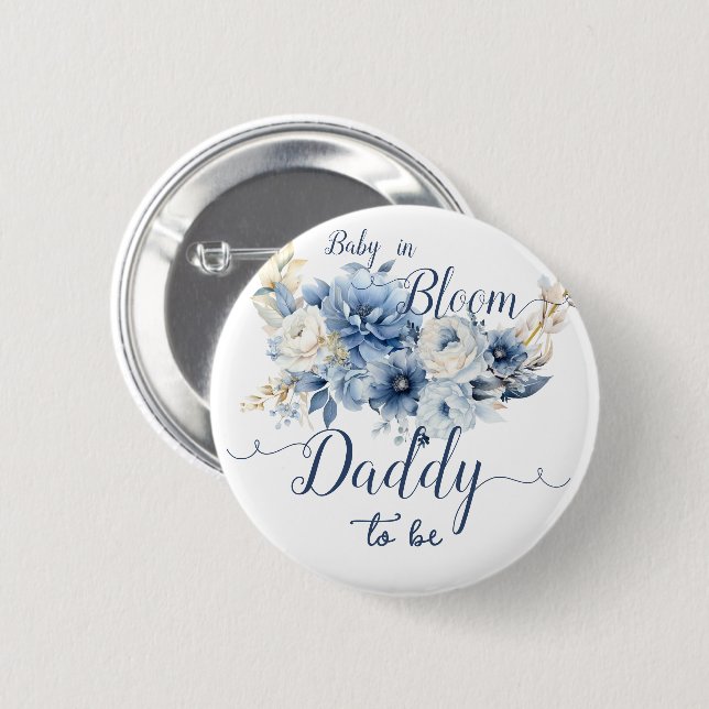 Baby In Bloom Elegant Blue Flowers Daddy-to-be 6 Cm Round Badge (Front & Back)