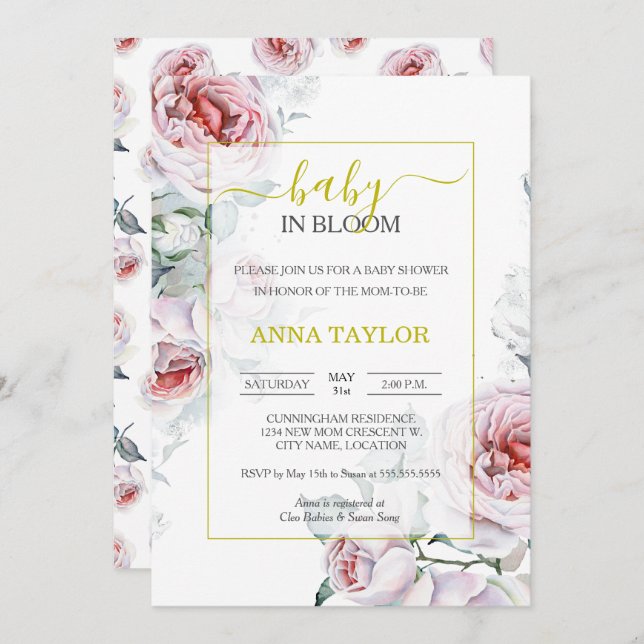 Baby in Bloom Elegant Floral Baby Shower Invitation (Front/Back)