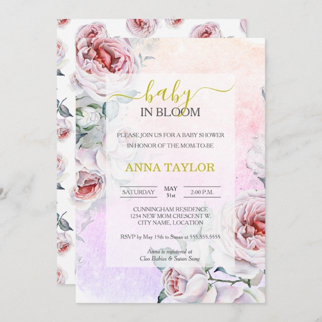 Baby in Bloom Elegant Pink Floral Baby Shower Invitation (Front/Back)