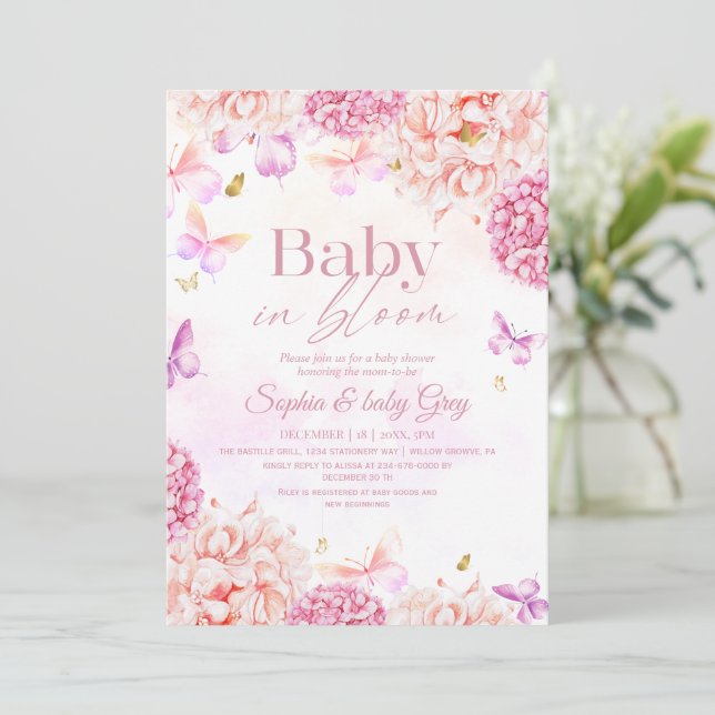 Baby in Bloom Floral Blush pink gold Baby Shower Invitation (Standing Front)