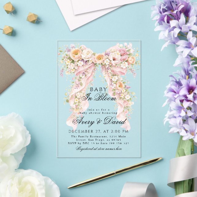 Baby in bloom Floral Bow Girl Baby Shower  Acrylic Invitations (Insitu (Wedding))