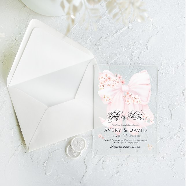 Baby in Bloom Floral Bow Spring Girl Baby Shower Acrylic Invitations (Creator Uploaded)