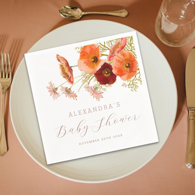 Baby in Bloom Floral Fall Baby Shower Custom Napkin (Wildflower floral fall baby shower personalized napkin Whimsical Eleagnt modern script burnt orange )